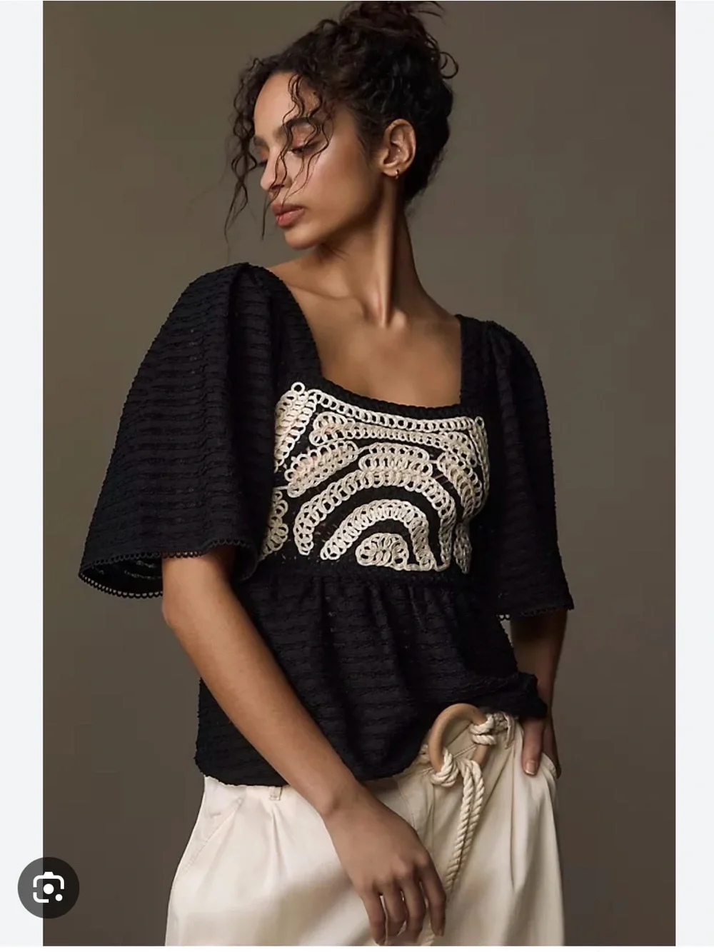 Anthropologie x Sarah Hann Flutter-Sleeve Crochet Top | Black & Cream | Size XS